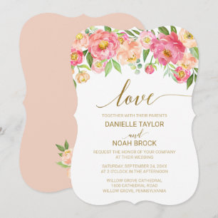 Invitation Peach and Pink Peony Flowers "Love" Mariage