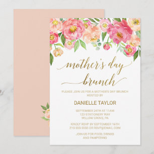 Invitation Peach and Pink Peony Flowers Mère's Day Brunch
