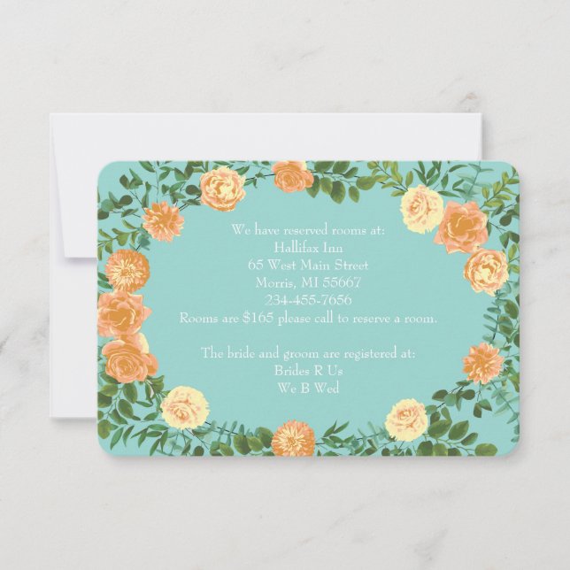 Invitation Peach & Aqua Peony & Rose Floral Information Card (Devant)