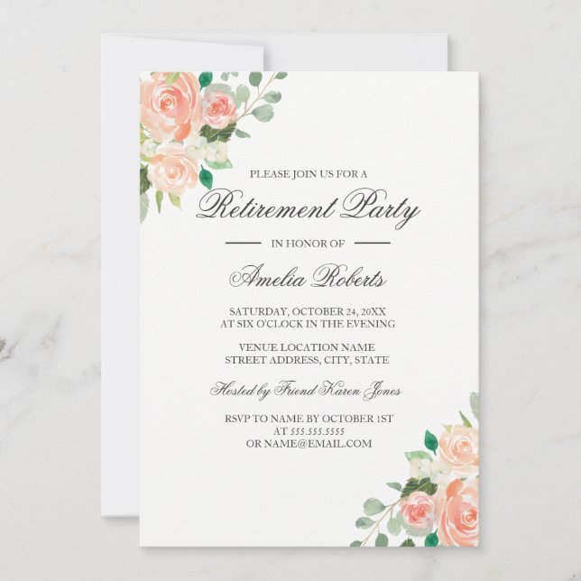 Invitation Peach Blush Aquarelle Floral Retraite Party (Devant)
