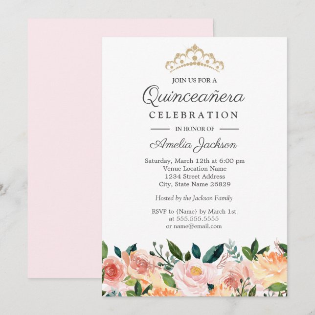 Invitation Peach Blush Aquarelle Florale Quinceanera (Devant / Derrière)