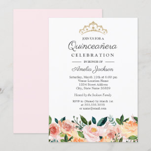 Invitation Peach Blush Aquarelle Florale Quinceanera