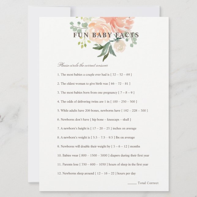 Invitation Peach Blush Floral Fun Baby Facts Baby shower Jeu (Devant)