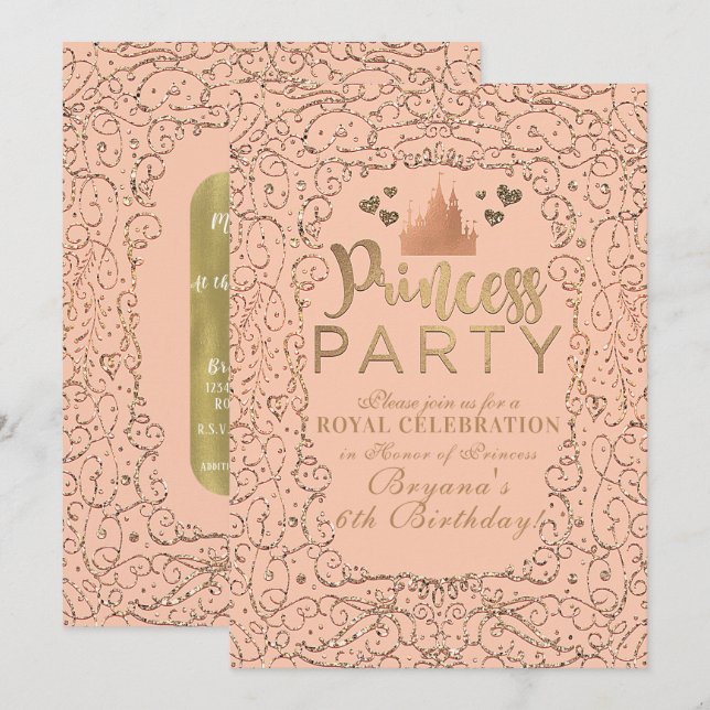 Invitation Peach Blush Gold Castle PRINCESS Fête Anniversaire (Devant / Derrière)