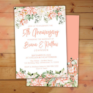 Invitation Peach Blush Ivory Floral 5e Anniversaire de Mariag