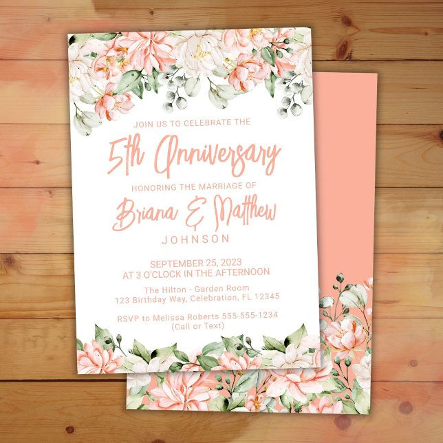 Invitation Peach Blush Ivory Floral 5e anniversaire Mariage (Créateur téléchargé)