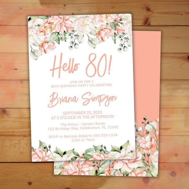 Invitation Peach Blush Ivory Floral 80e fête d'anniversaire (Créateur téléchargé)