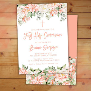 Invitation Peach Blush Ivory Floral First Holy Communion