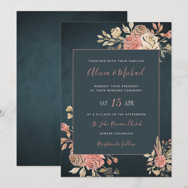 Invitation Peach Blush Moody Floral Daral Navy Mariage bleu (Devant / Derrière)
