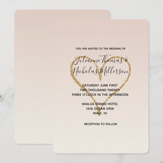 Invitation Peach Blush Ombre Gold Glitzy Heart (Devant / Derrière)