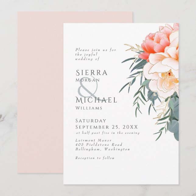 Invitation Peach Blush Pink Peony Eucalyptus Mariage de verdu (Devant / Derrière)
