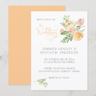 Invitation Peach Blush Rose or Aquarelle Mariage Floral  