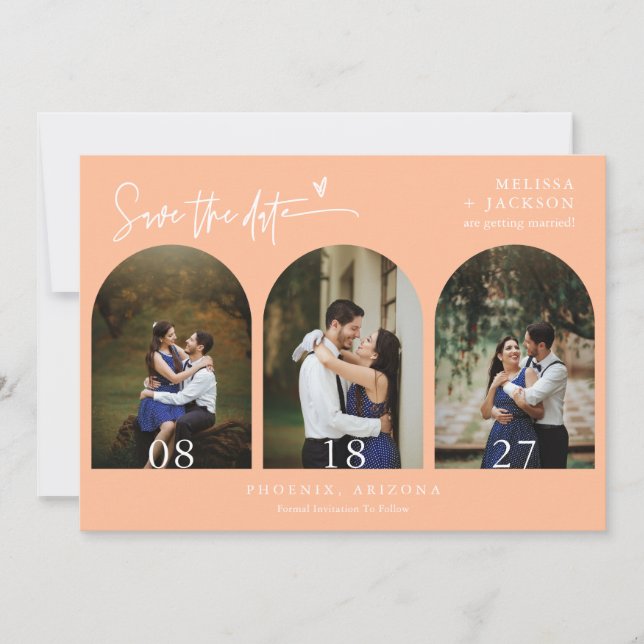 Invitation Peach Boho Arch Photo QR Code Enregistrer la date (Devant)