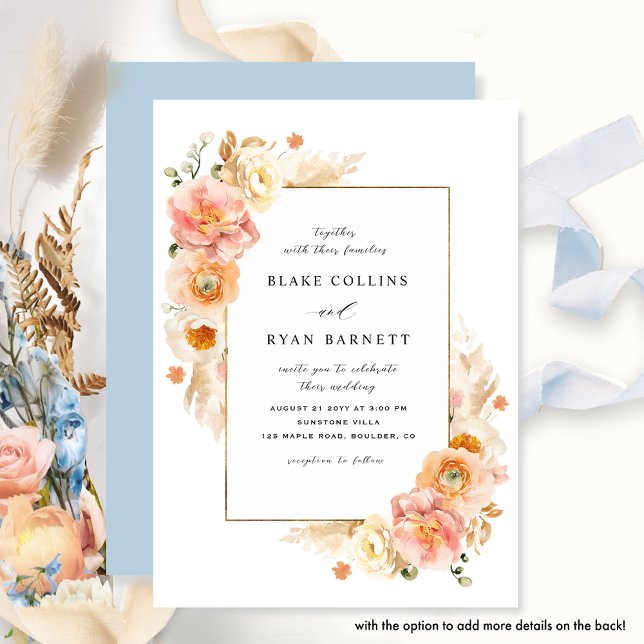 Invitation Peach chic et Mariage floral délicieux bleu (Créateur téléchargé)