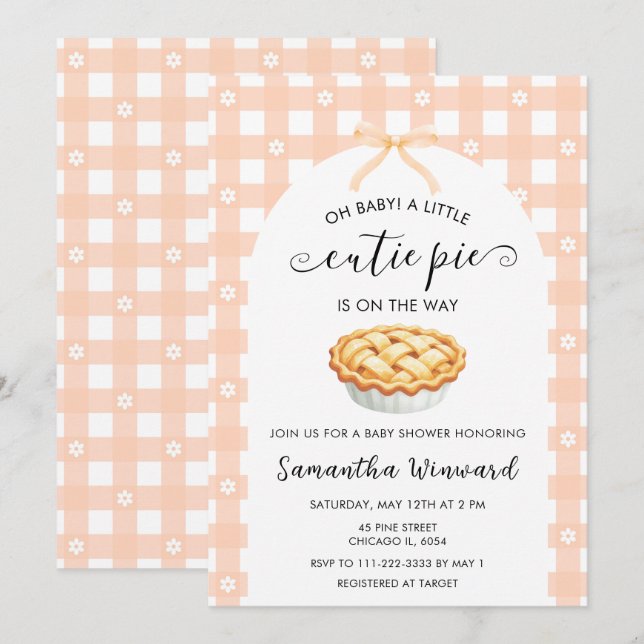 Invitation Peach Coquette Cutie Pie Baby Shower (Devant / Derrière)