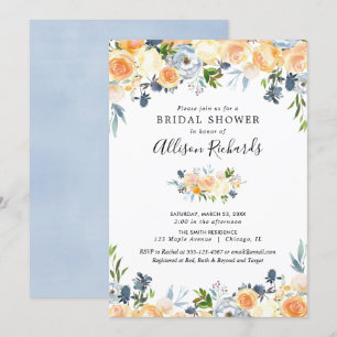 Invitation Peach coral bleu floral aquarelle nuptiale