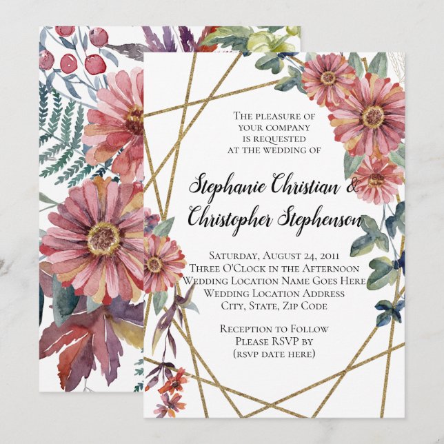Invitation Peach Coral Zinnia Mariage d'aquarelle (Devant / Derrière)