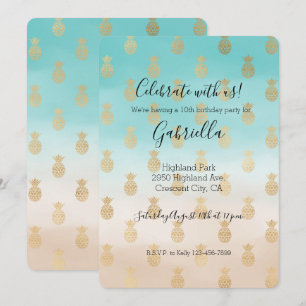 Invitation Peach Cream Aqua Ombre Gold Pineapples