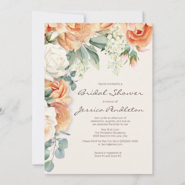 Invitation Peach Cream Floral Eucalyptus Bridal Showe (Devant)