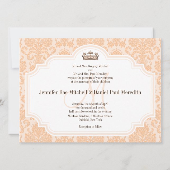Invitation Peach Damask Chocolat Brown Mariage (Devant)