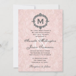 Invitation Peach Damask Gris Vintage Cadre Monogramme Mariage