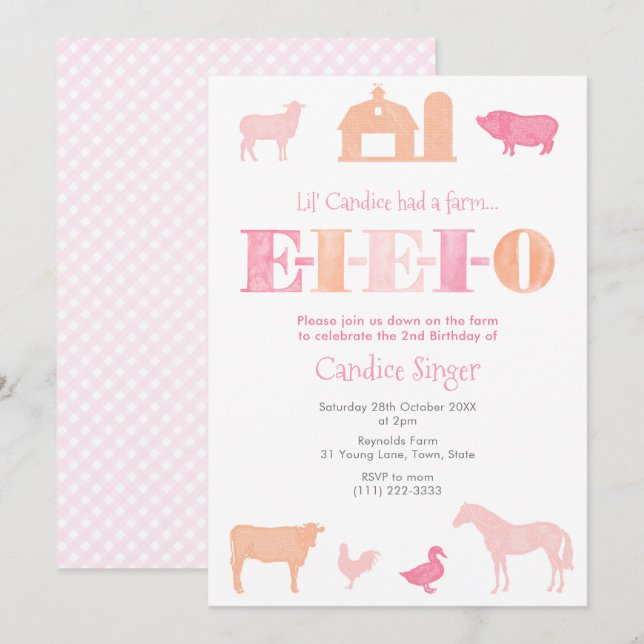 Invitation Peach EIEIEIO Farm Anniversaire Pour Fille (Devant / Derrière)