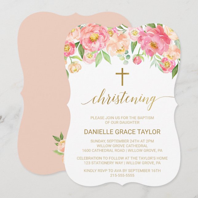 Invitation Peach et Pink Peony Flowers Christening (Devant / Derrière)