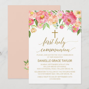 Invitation Peach et Pink Peony Flowers Première communion sai