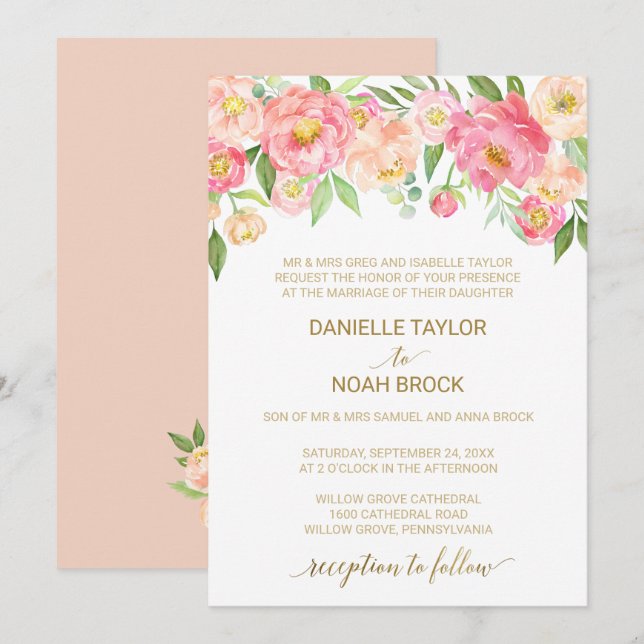 Invitation Peach et rose Peony Flowers Mariage officiel (Devant / Derrière)