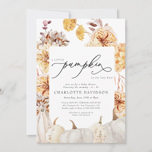 Invitation Peach Fall Citrouille Floral Boho Neutral Baby sho (Devant)