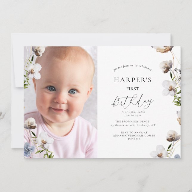 Invitation Peach Fleur sauvage Calligraphie Anniversaire (Devant)