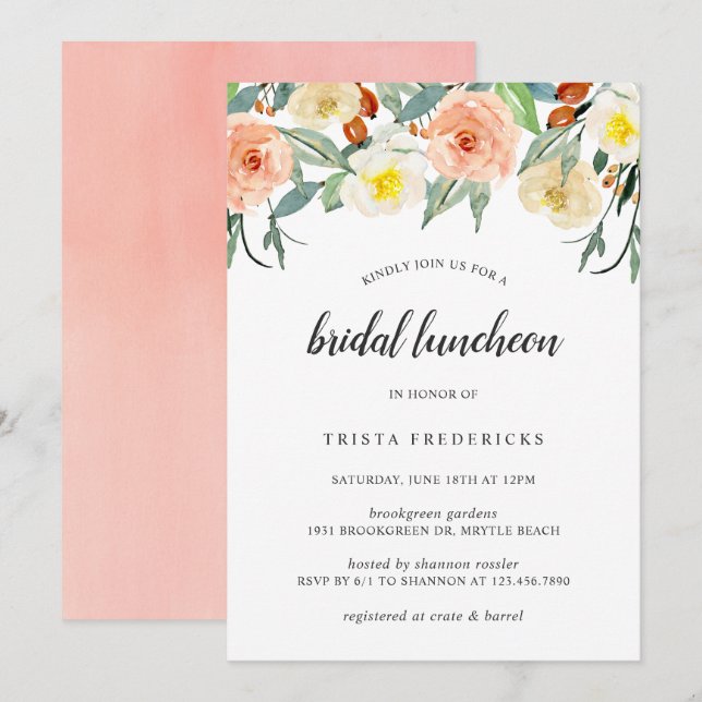 Invitation Peach Floral Aquarelle Élégante nuptiale déjeuner (Devant / Derrière)