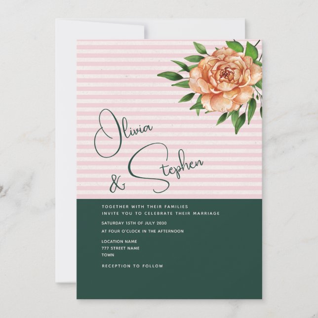 Invitation Peach Floral Emerald Mariage rose (Devant)