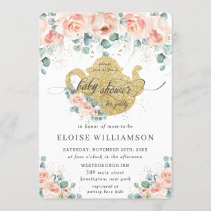 Invitation Peach Floral Rose Green Baby shower Tea Party