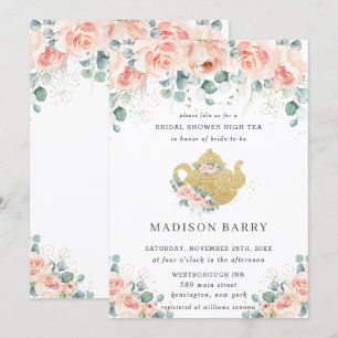 Invitation Peach Floral Rose Green Fête de l'mariée Tea Party