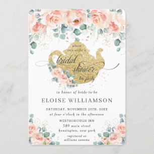 Invitation Peach Floral Rose Green Fête de l'mariée Tea Party