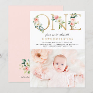 Invitation Peach Florals Faux Gold Foil Premier anniversaire 