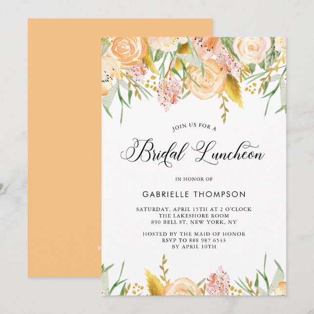 Invitation Peach Flowers et Gold Feuille Bridal Luncheon (Devant / Derrière)