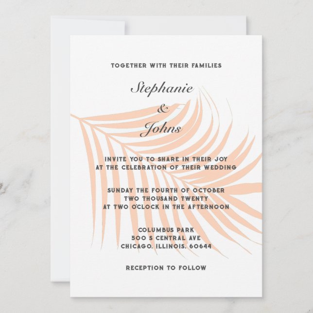 Invitation Peach Fuzz Palm Tree Tropical Leaf Classic Mariage (Devant)