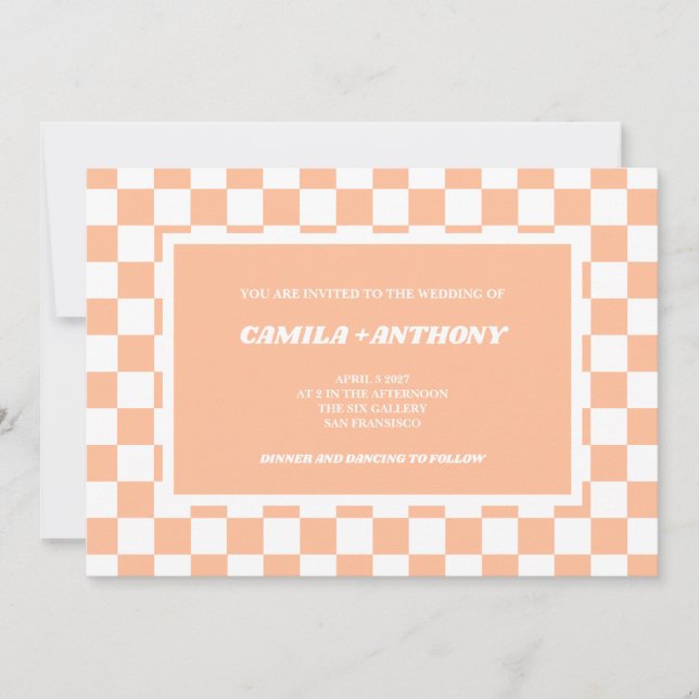 Invitation Peach Fuzz White À damiers En vichy Motif Mariage (Devant)
