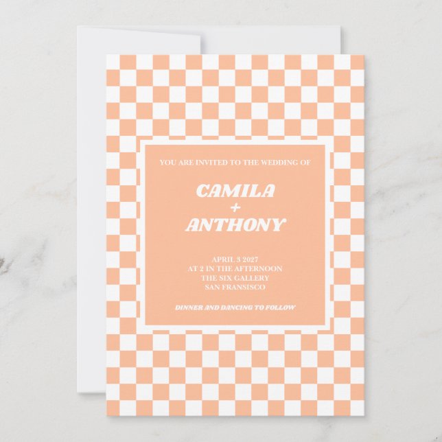 Invitation Peach Fuzz White À damiers En vichy Motif Mariage (Devant)