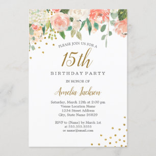 Invitation Peach Gold Aquarelle Floral 15e fête d'anniversair