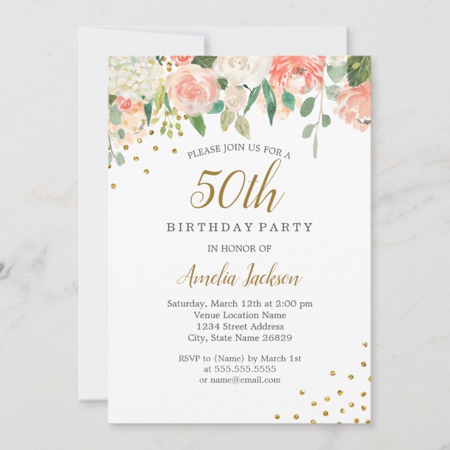 Invitation Peach Gold Aquarelle Floral 50e fête d'anniversair (Devant)
