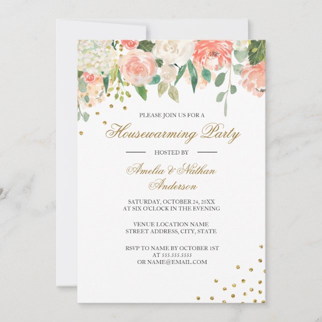 Invitation Peach Gold Aquarelle Florale Ménage (Devant)