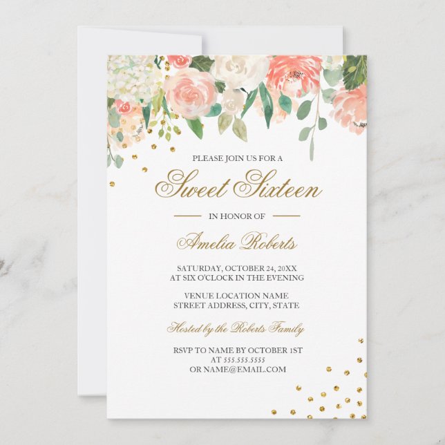 Invitation Peach Gold Aquarelle Sweet sixteen Floral (Devant)