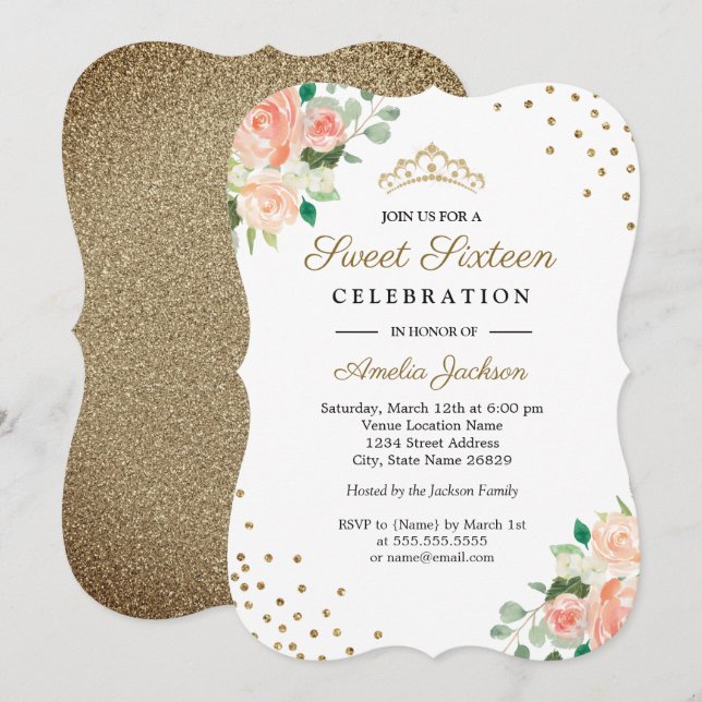 Invitation Peach Gold Floral Confetti Sweet sixteen Invitatio (Devant / Derrière)
