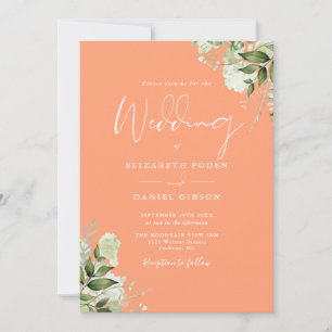 Invitation Peach Greenery Floral Monogramme Mariage