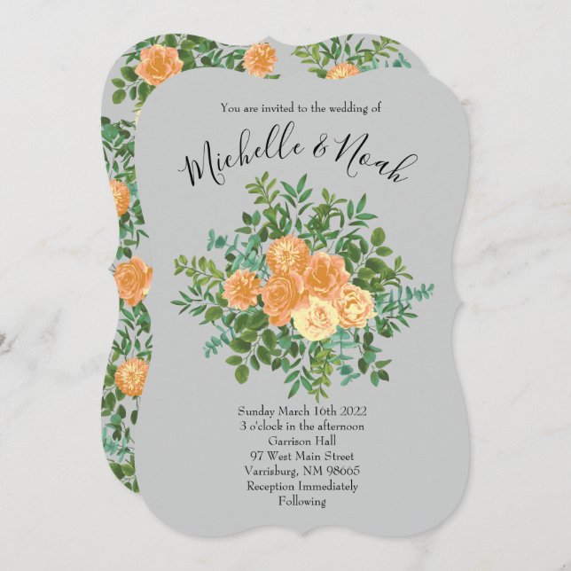 Invitation Peach Grey Mariage Spring Floral (Devant / Derrière)