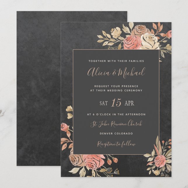 Invitation Peach ivoire Blush Moody Floral Dark Grey Mariage (Devant / Derrière)