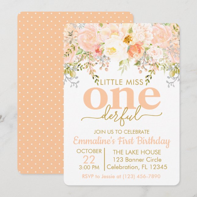 Invitation Peach Little Miss ONE derful Girl First Birthday (Devant / Derrière)